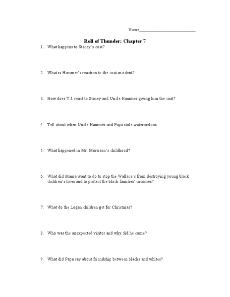 Roll Of Thunder Hear My Cry Chapter Questions